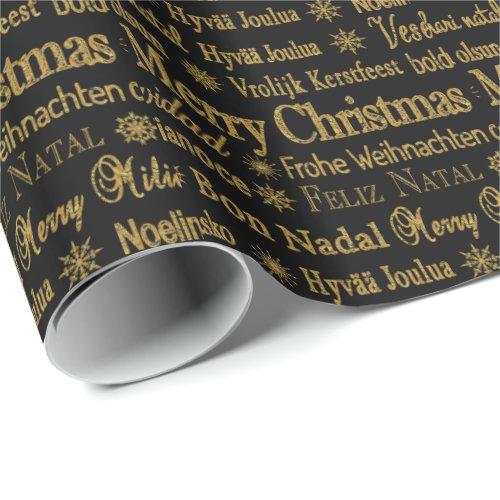 Gold Glitter Merry Christmas  Different Language Wrapping Paper