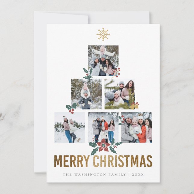 Gold Glitter Merry Christmas Multi Photo Holiday Card (Front)