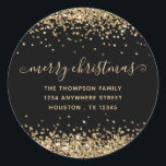 Gold Glitter Merry Christmas Name Address Black Classic Round Sticker<br><div class="desc">Gold Glitter Merry Christmas Name Return Address Black. Easily personalise the text.</div>