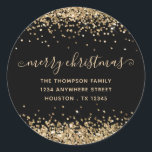 Gold Glitter Merry Christmas Name Address Black Classic Round Sticker<br><div class="desc">Gold Glitter Merry Christmas Name Return Address Black. Easily personalise the text.</div>