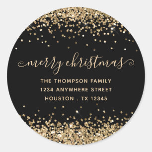 Gold Glitter Merry Christmas Name Address Black Classic Round Sticker
