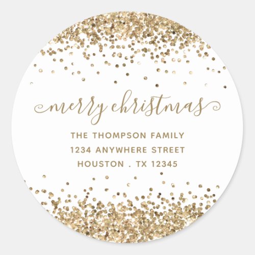 Gold Glitter Merry Christmas Name Return Address Classic Round Sticker