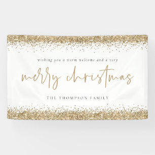 Gold Glitter Merry Christmas Name White Banner