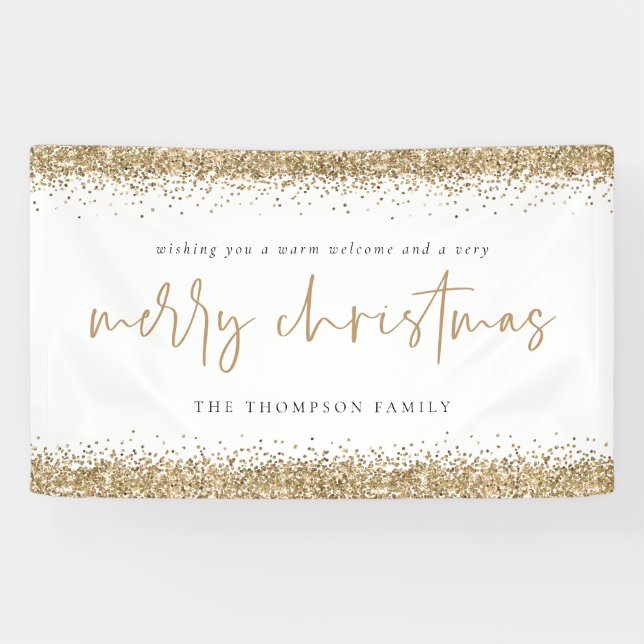 Gold Glitter Merry Christmas Name White Banner (Horizontal)