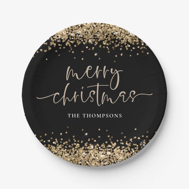 Gold Glitter Merry Christmas Party Black Paper Plates (Front)