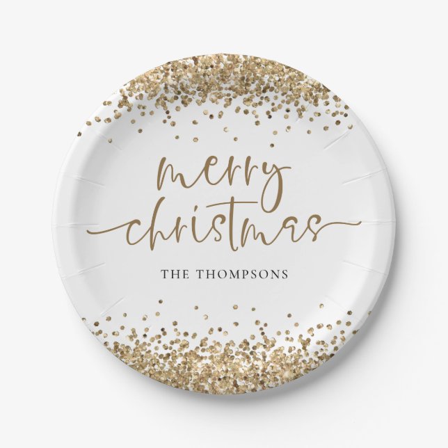 Gold Glitter Merry Christmas Party Paper Plates (Front)