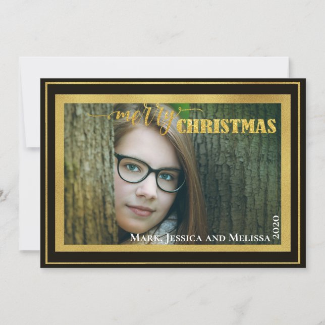 Gold Glitter ~ Merry Christmas Personalized Photo Holiday Card (Front)