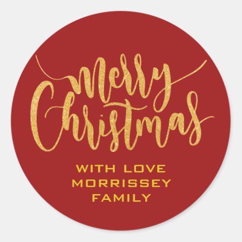 Gold Glitter Merry Christmas Personalized Red Classic Round Sticker