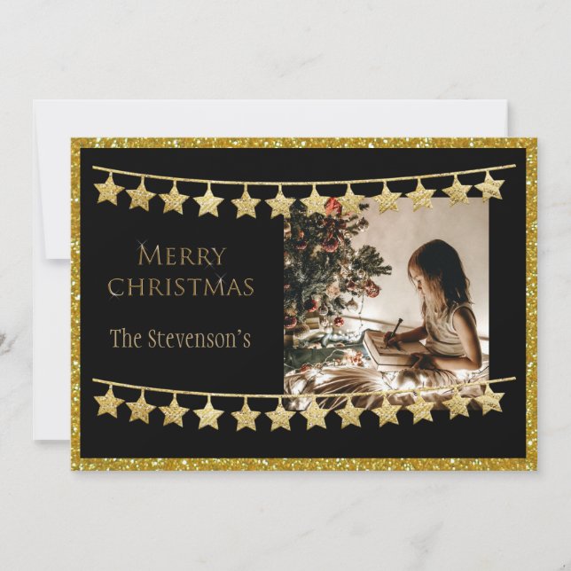 Gold Glitter Merry Christmas Photo Personalized Holiday Card (Front)