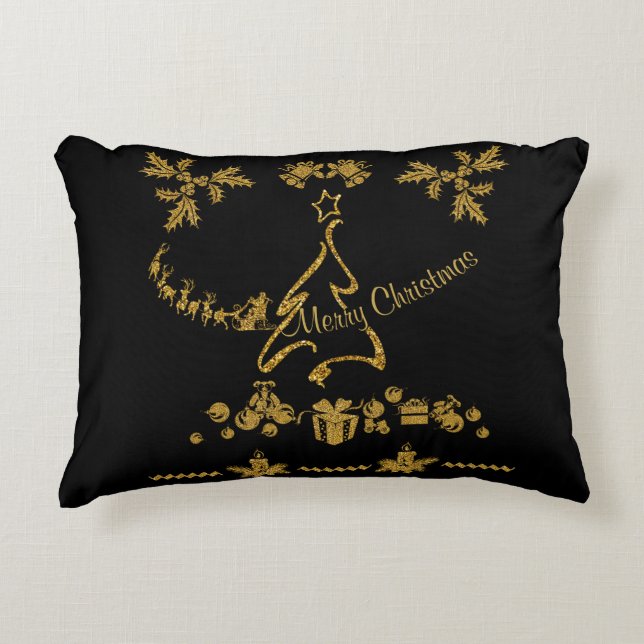 Gold Glitter Merry Christmas, Santa Claus Accent Pillow (Front)