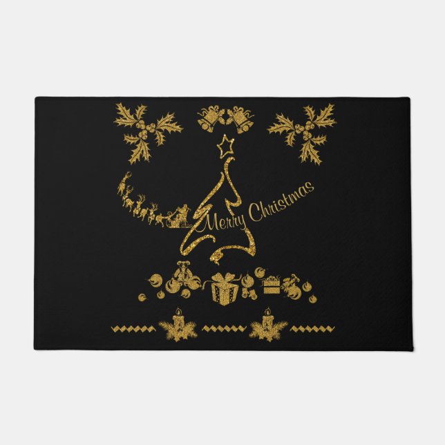 Gold Glitter Merry Christmas, Santa Claus Doormat (Front)