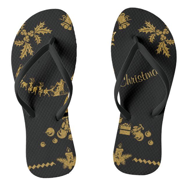 Gold Glitter Merry Christmas, Santa Claus Flip Flops (Footbed)