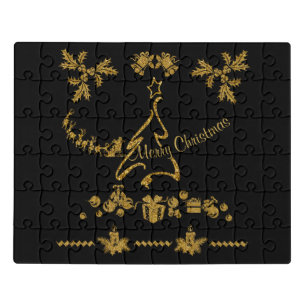 Gold Glitter Merry Christmas, Santa Claus Jigsaw Puzzle