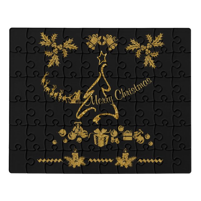 Gold Glitter Merry Christmas, Santa Claus Jigsaw Puzzle (Puzzle Horizontal)