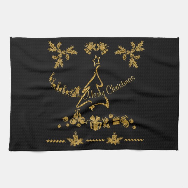 Gold Glitter Merry Christmas, Santa Claus Kitchen Towel (Horizontal)