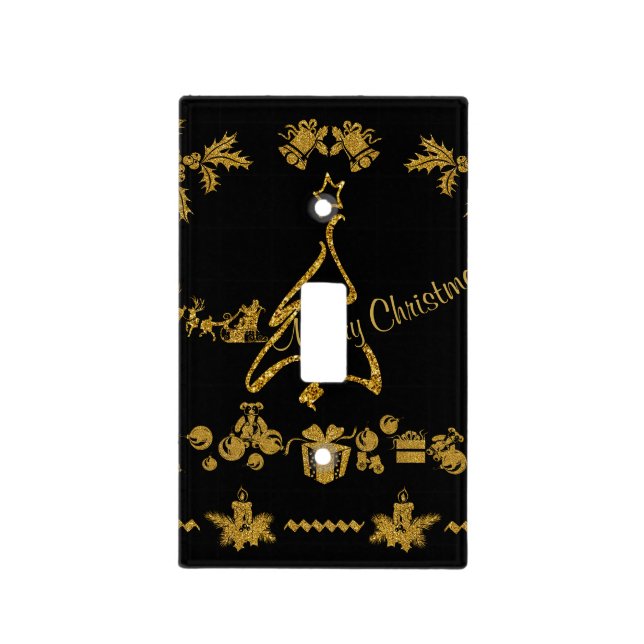 Gold Glitter Merry Christmas, Santa Claus Light Switch Cover (Front)