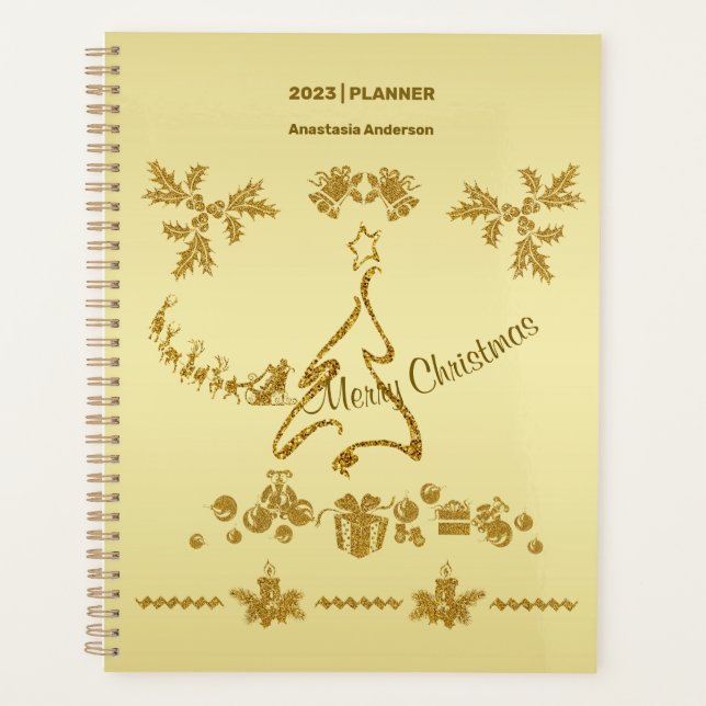 Gold Glitter Merry Christmas, Santa Claus on gold  Planner (Front)