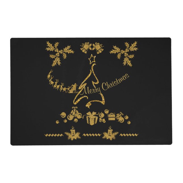 Gold Glitter Merry Christmas, Santa Claus Placemat (Front)
