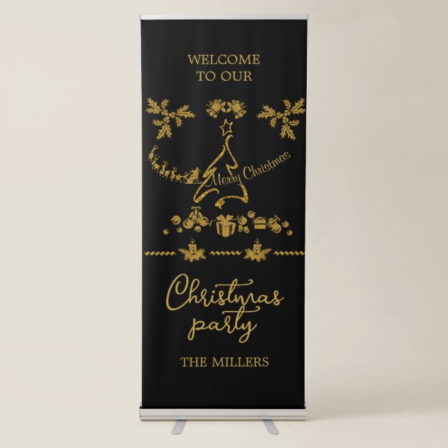 Gold Glitter Merry Christmas, Santa Claus Retractable Banner (Front)