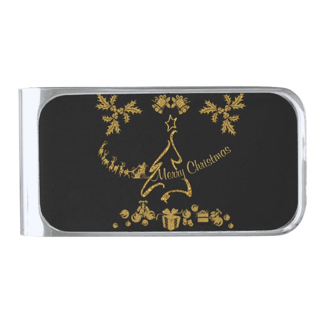 Gold Glitter Merry Christmas, Santa Claus Silver Finish Money Clip (Front)