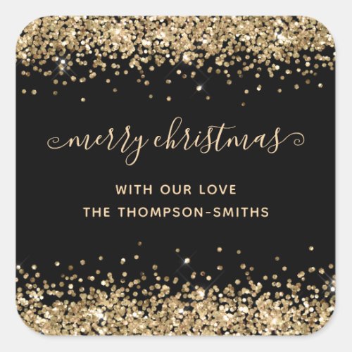 Gold Glitter Merry Christmas Script Names Black Square Sticker