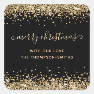 Gold Glitter Merry Christmas Script Names Black Square Sticker