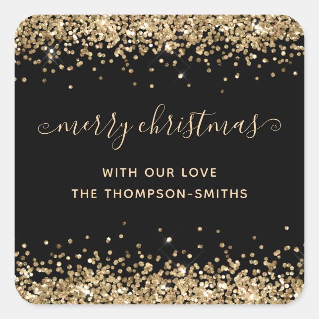 Gold Glitter Merry Christmas Script Names Black Square Sticker (Front)