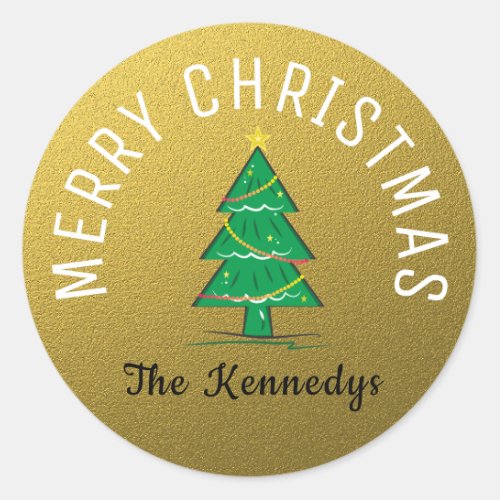 Gold Glitter Merry Christmas Tree Classic Round Sticker