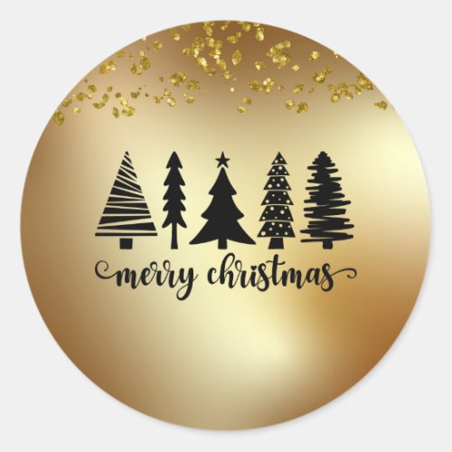 Gold Glitter Merry Christmas Tree Classic Round Sticker