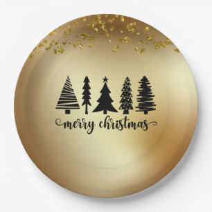 Gold Glitter Merry Christmas Tree Paper Plates