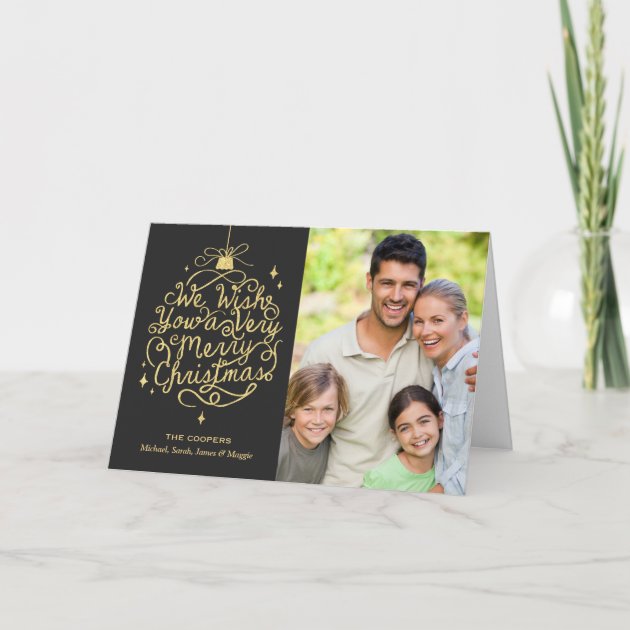 Gold Glitter Merry Wishes Family Christmas Photo Holiday Card