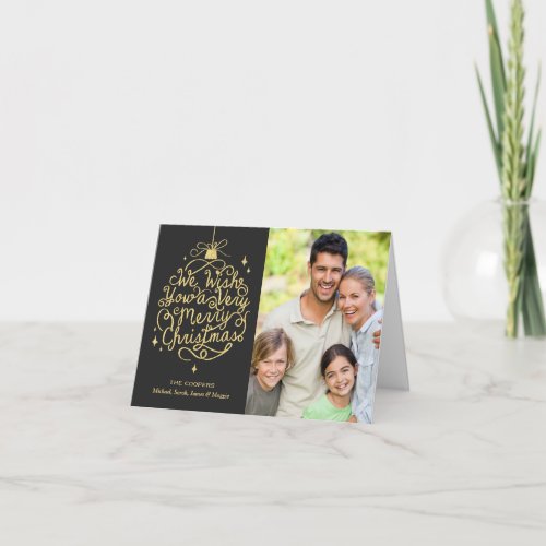 Gold Glitter Merry Wishes Family Christmas Photo Holiday Card
