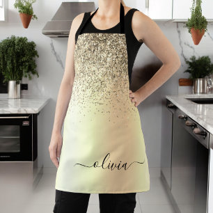 Gold Glitter Metal Monogram Glam Name Apron