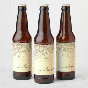 Gold Glitter Metal Monogram Glam Name Beer Bottle Label