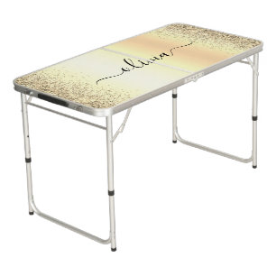 Gold Glitter Metal Monogram Glam Name Beer Pong Table