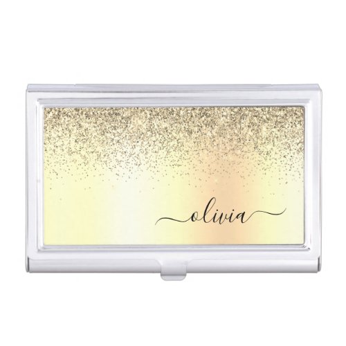 Gold Glitter Metal Monogram Glam Name Business Card Case