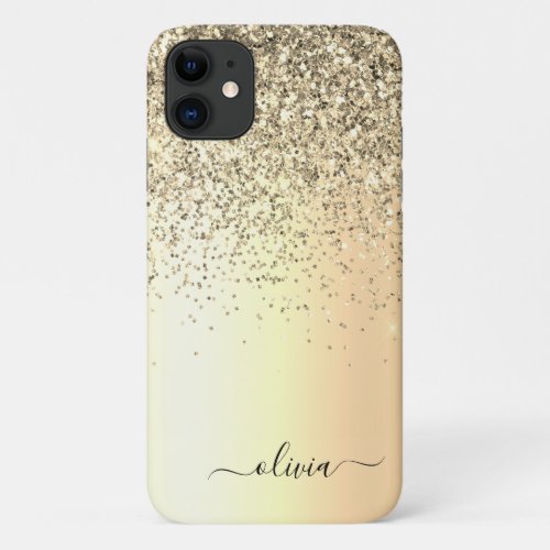 Gold Glitter Metal Monogram Glam Name iPhone 11 Case