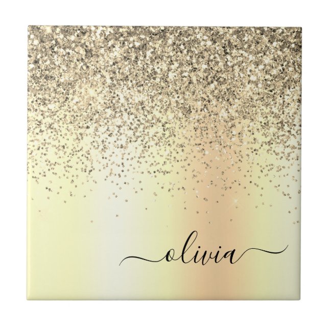Gold Glitter Metal Monogram Glam Name Ceramic Tile (Front)