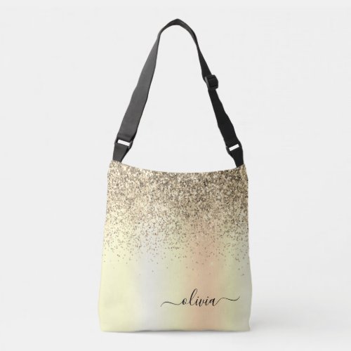Gold Glitter Metal Monogram Glam Name Crossbody Bag