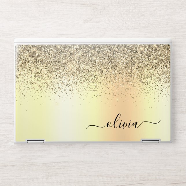 Gold Glitter Metal Monogram Glam Name HP Laptop Skin (Front)