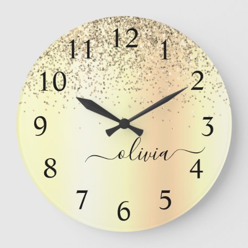 Gold Glitter Metal Monogram Glam Name Large Clock