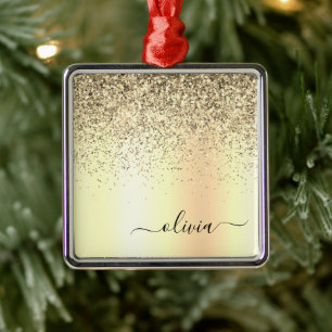 Gold Glitter Metal Monogram Glam Name Metal Ornament
