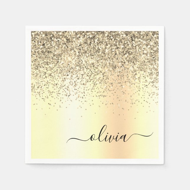 Gold Glitter Metal Monogram Glam Name Napkins (Front)