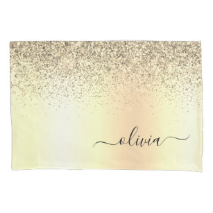 Gold Glitter Metal Monogram Glam Name Pillow Case