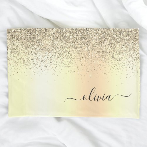 Gold Glitter Metal Monogram Glam Name Pillow Case