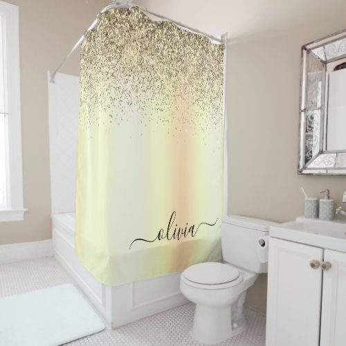 Gold Glitter Metal Monogram Glam Name Shower Curtain