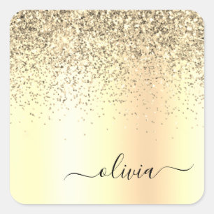 Gold Glitter Metal Monogram Glam Name Square Sticker