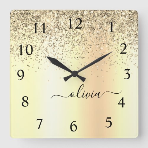 Gold Glitter Metal Monogram Glam Name Square Wall Clock