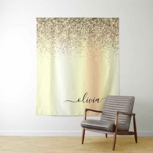 Gold Glitter Metal Monogram Glam Name Tapestry