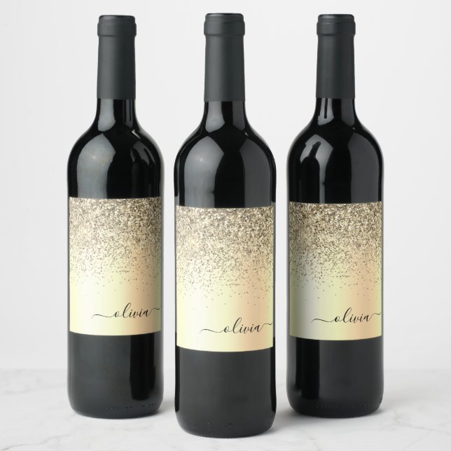 Gold Glitter Metal Monogram Glam Name Wine Label (Bottles)